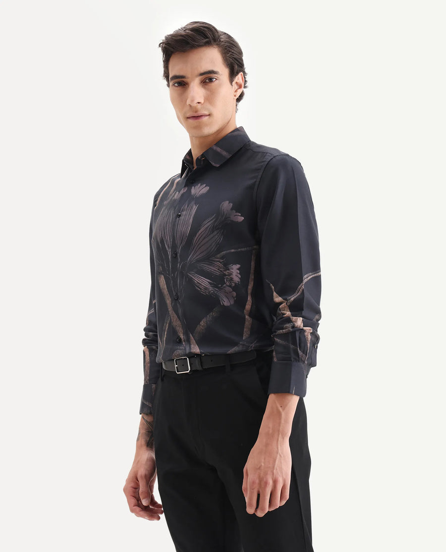 Rare Rabbit Men's Hofd Dusky Black Cotton Blend Fabric Spread Collar Regular Fit Floral Print Shirt