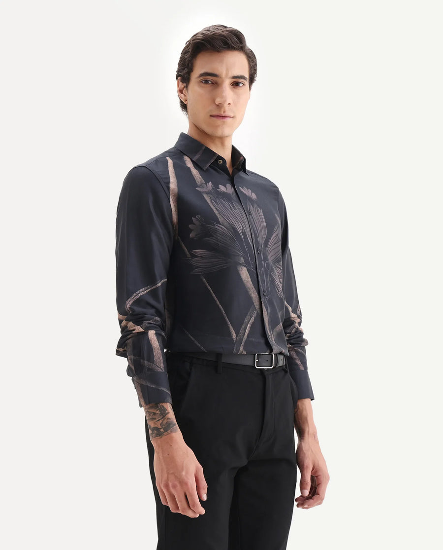 Rare Rabbit Men's Hofd Dusky Black Cotton Blend Fabric Spread Collar Regular Fit Floral Print Shirt