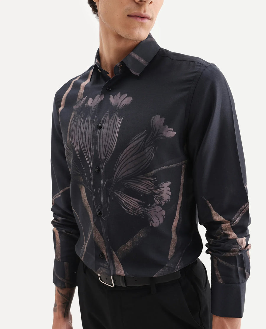 Rare Rabbit Men's Hofd Dusky Black Cotton Blend Fabric Spread Collar Regular Fit Floral Print Shirt