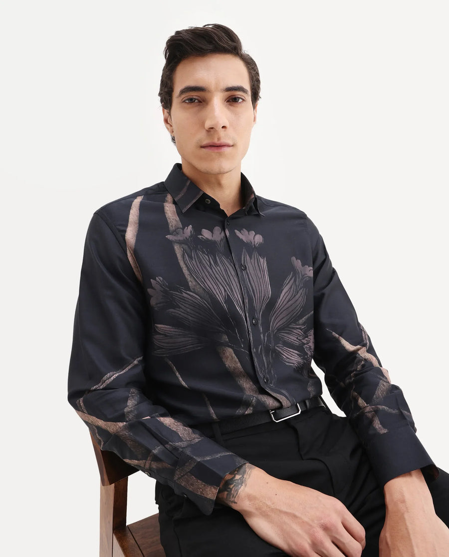 Rare Rabbit Men's Hofd Dusky Black Cotton Blend Fabric Spread Collar Regular Fit Floral Print Shirt