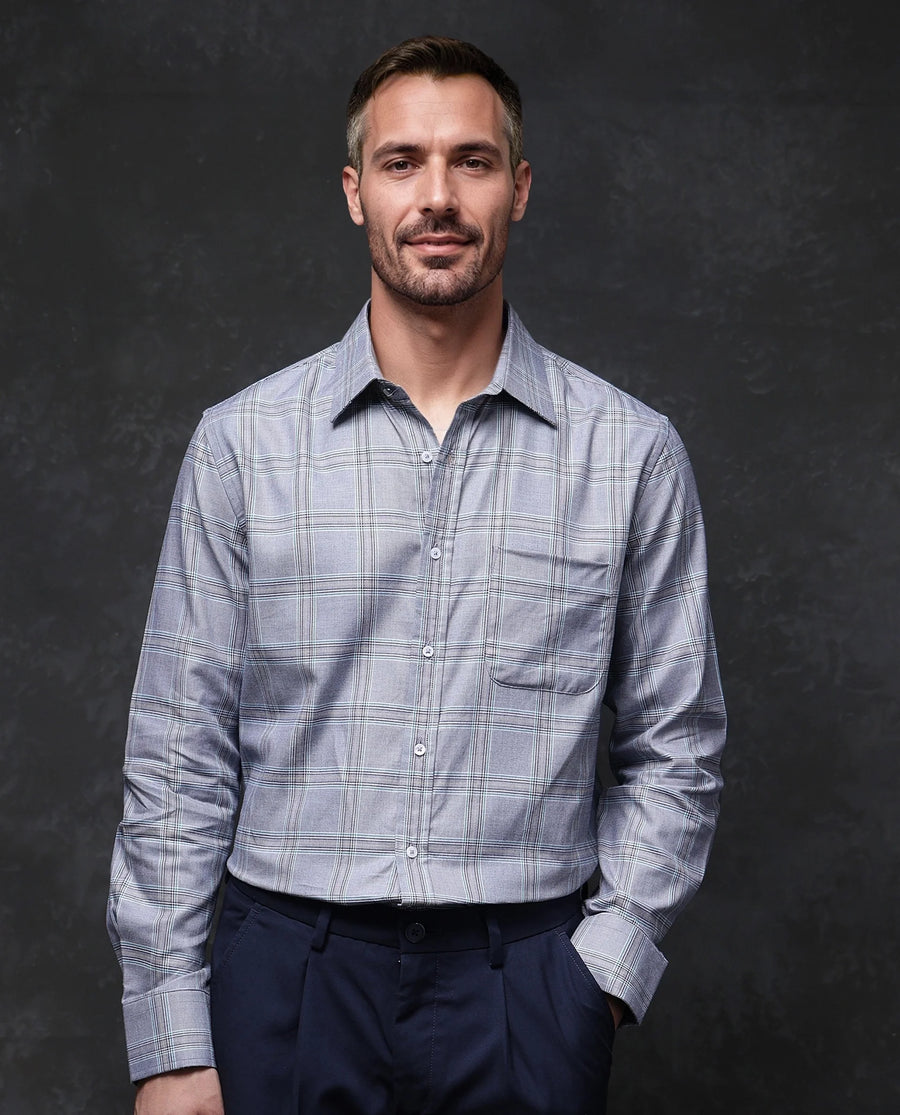 Rare Rabbit Men's Hoff Navy Cotton Checked Print Regular Fit Full Sleeve Collared Shirt
