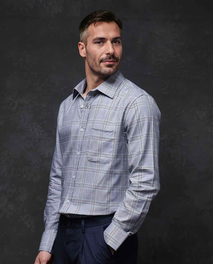 Rare Rabbit Men's Hoff Navy Cotton Checked Print Regular Fit Full Sleeve Collared Shirt