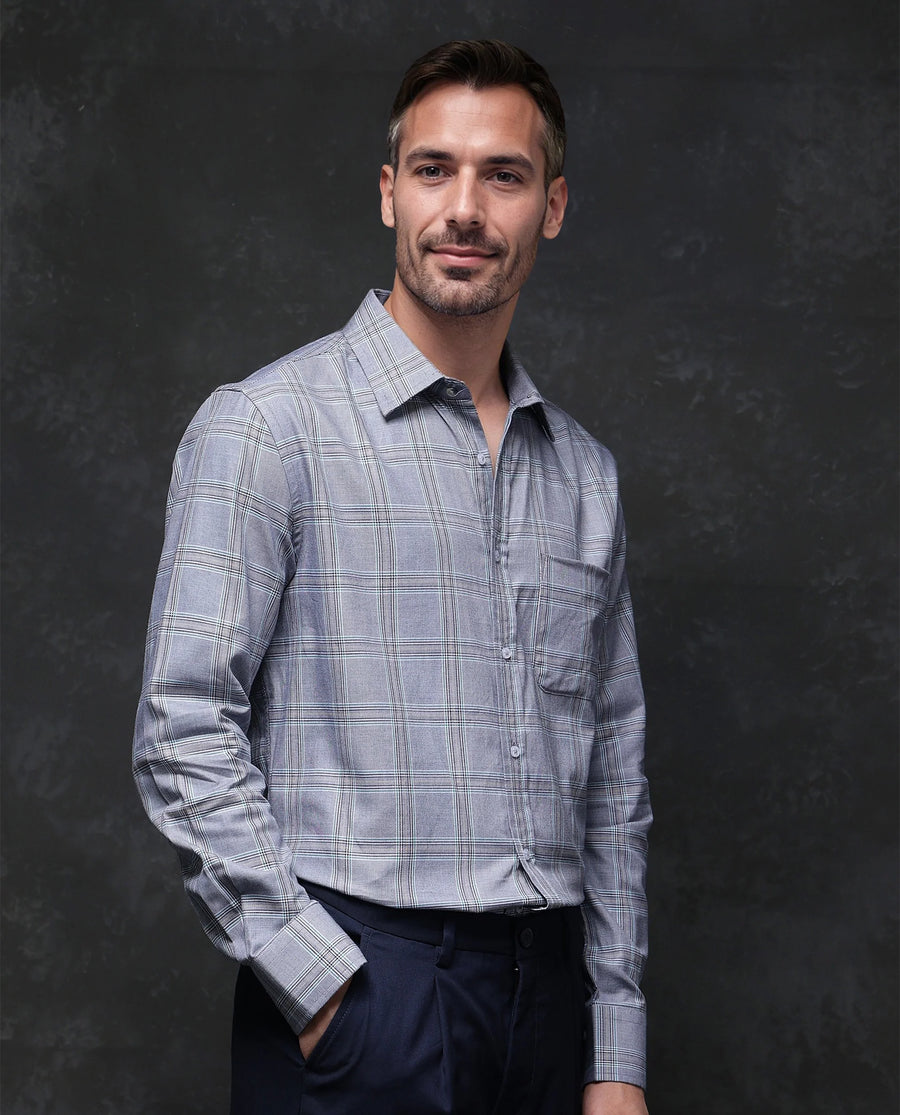 Rare Rabbit Men's Hoff Navy Cotton Checked Print Regular Fit Full Sleeve Collared Shirt