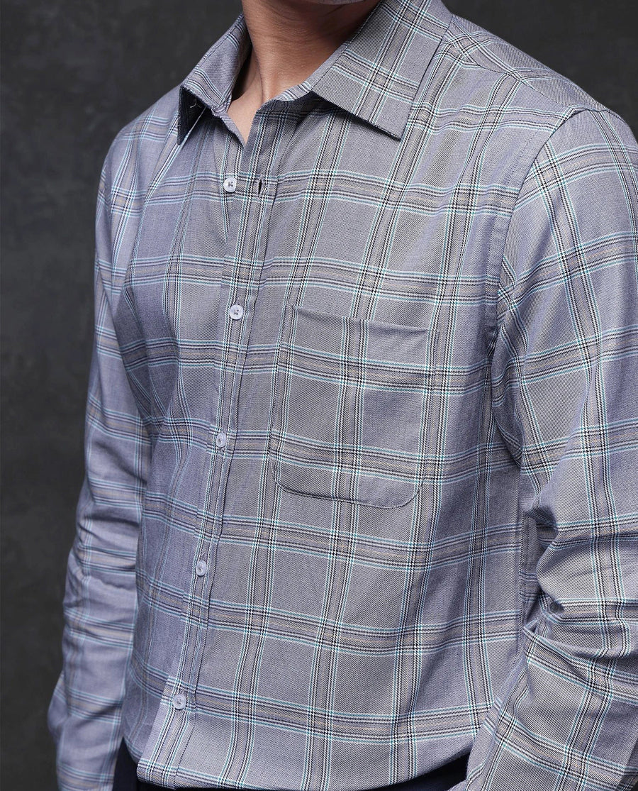 Rare Rabbit Men's Hoff Navy Cotton Checked Print Regular Fit Full Sleeve Collared Shirt