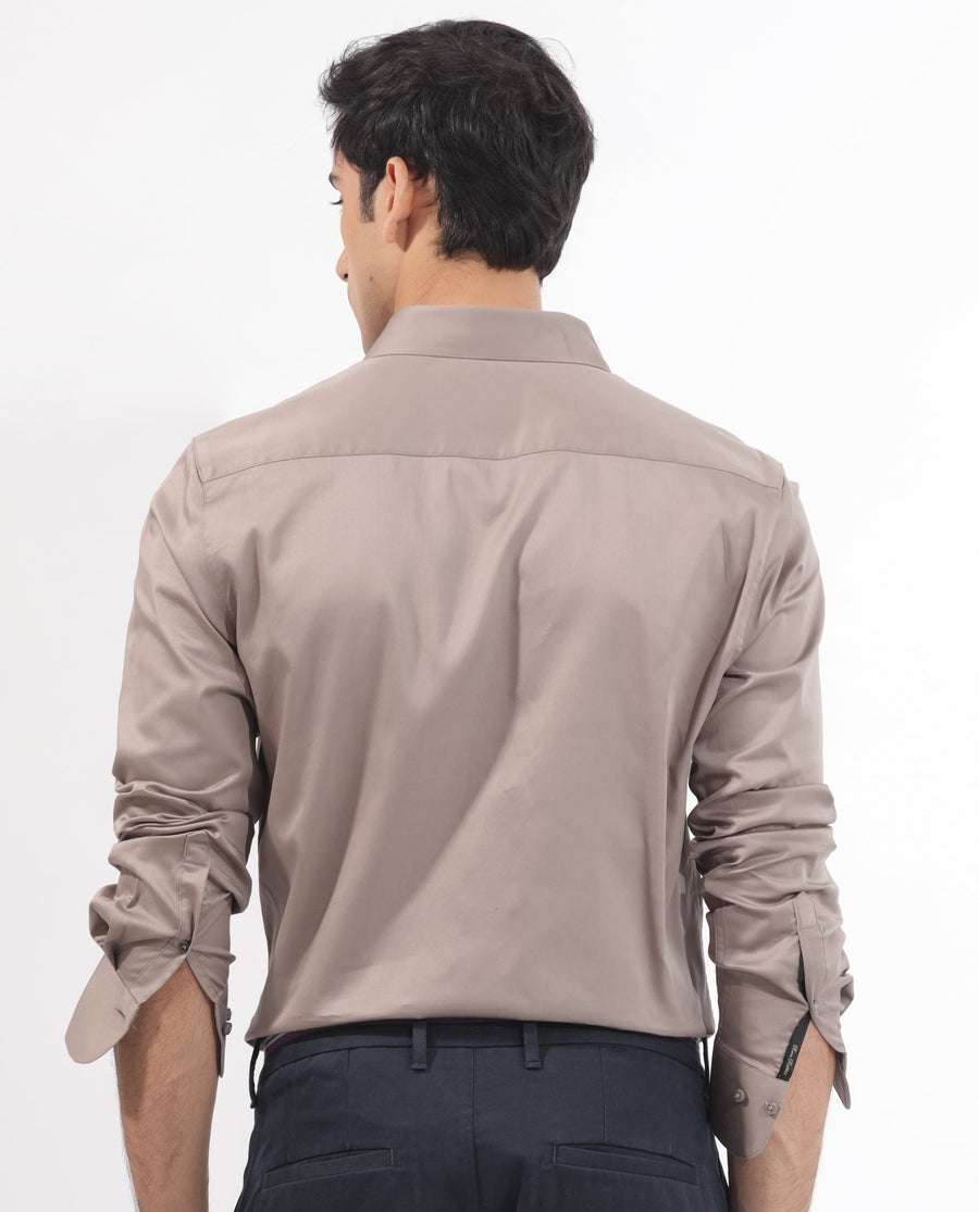 Rare Rabbit Men's Holand Beige Satin Plain Regular Fit Full Sleeve Collared Shirt