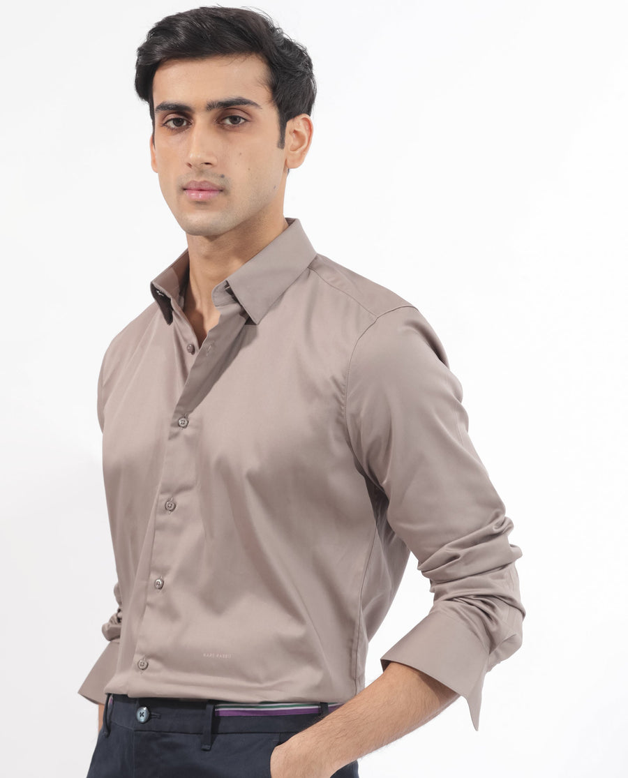 Rare Rabbit Men's Holand Beige Satin Plain Regular Fit Full Sleeve Collared Shirt