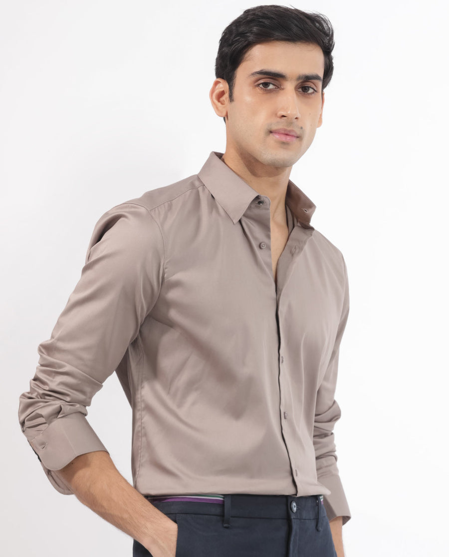 Rare Rabbit Men's Holand Beige Satin Plain Regular Fit Full Sleeve Collared Shirt