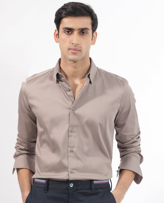 Rare Rabbit Men's Holand Beige Satin Plain Regular Fit Full Sleeve Collared Shirt