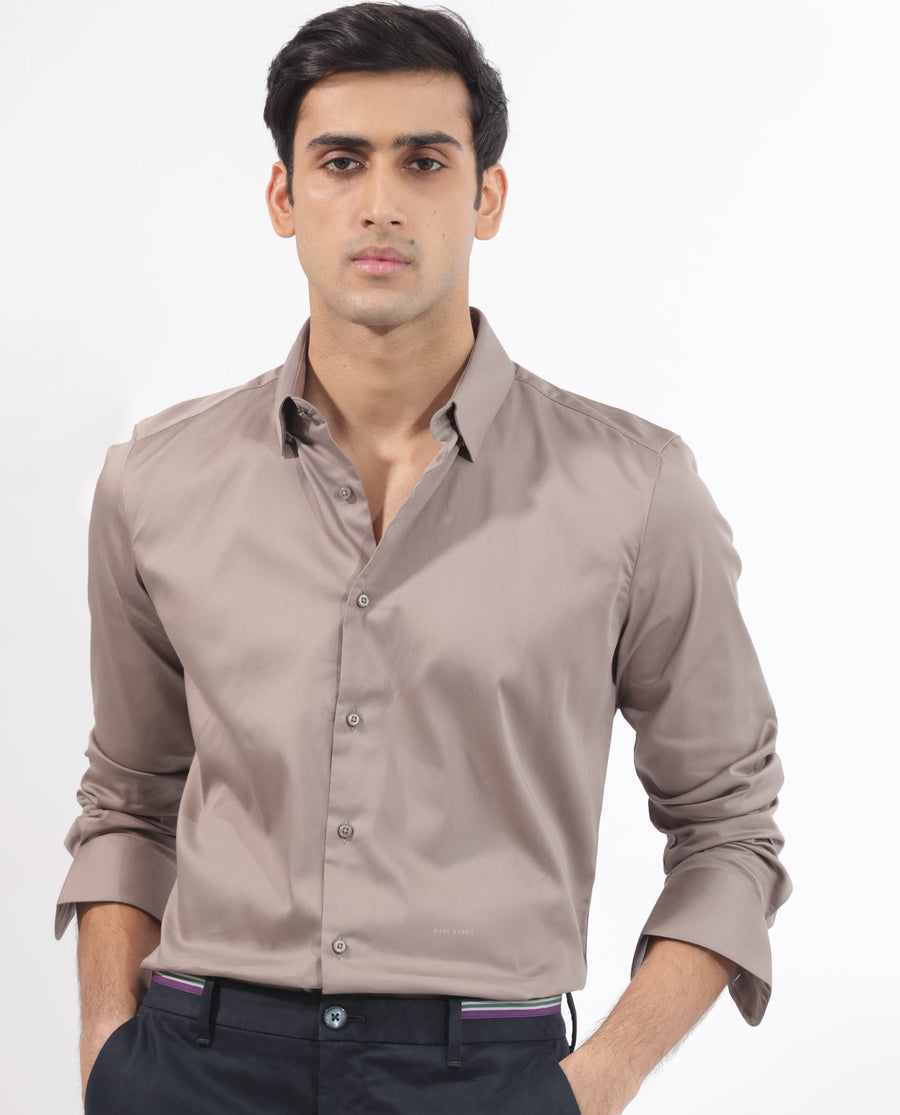 Rare Rabbit Men's Holand Beige Satin Plain Regular Fit Full Sleeve Collared Shirt