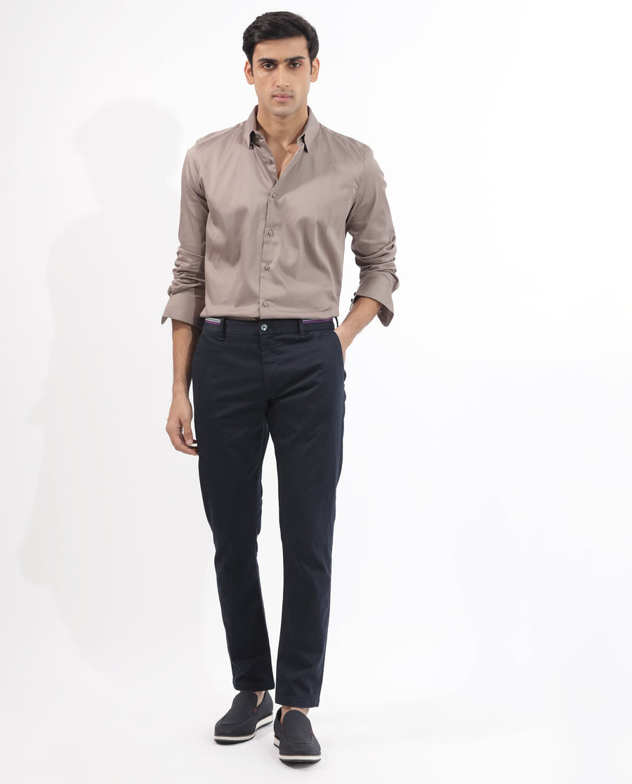 Rare Rabbit Men's Holand Beige Satin Plain Regular Fit Full Sleeve Collared Shirt