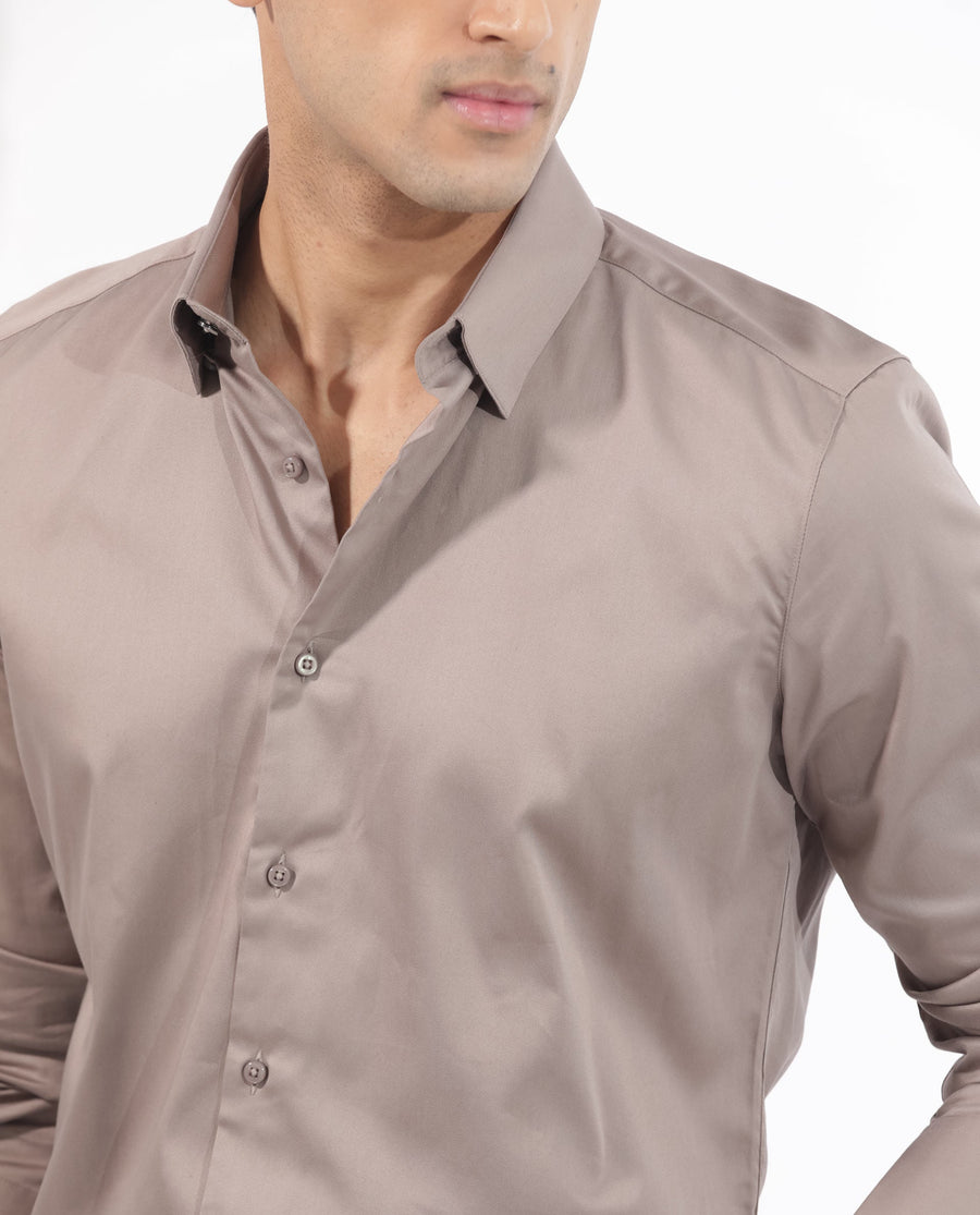 Rare Rabbit Men's Holand Beige Satin Plain Regular Fit Full Sleeve Collared Shirt