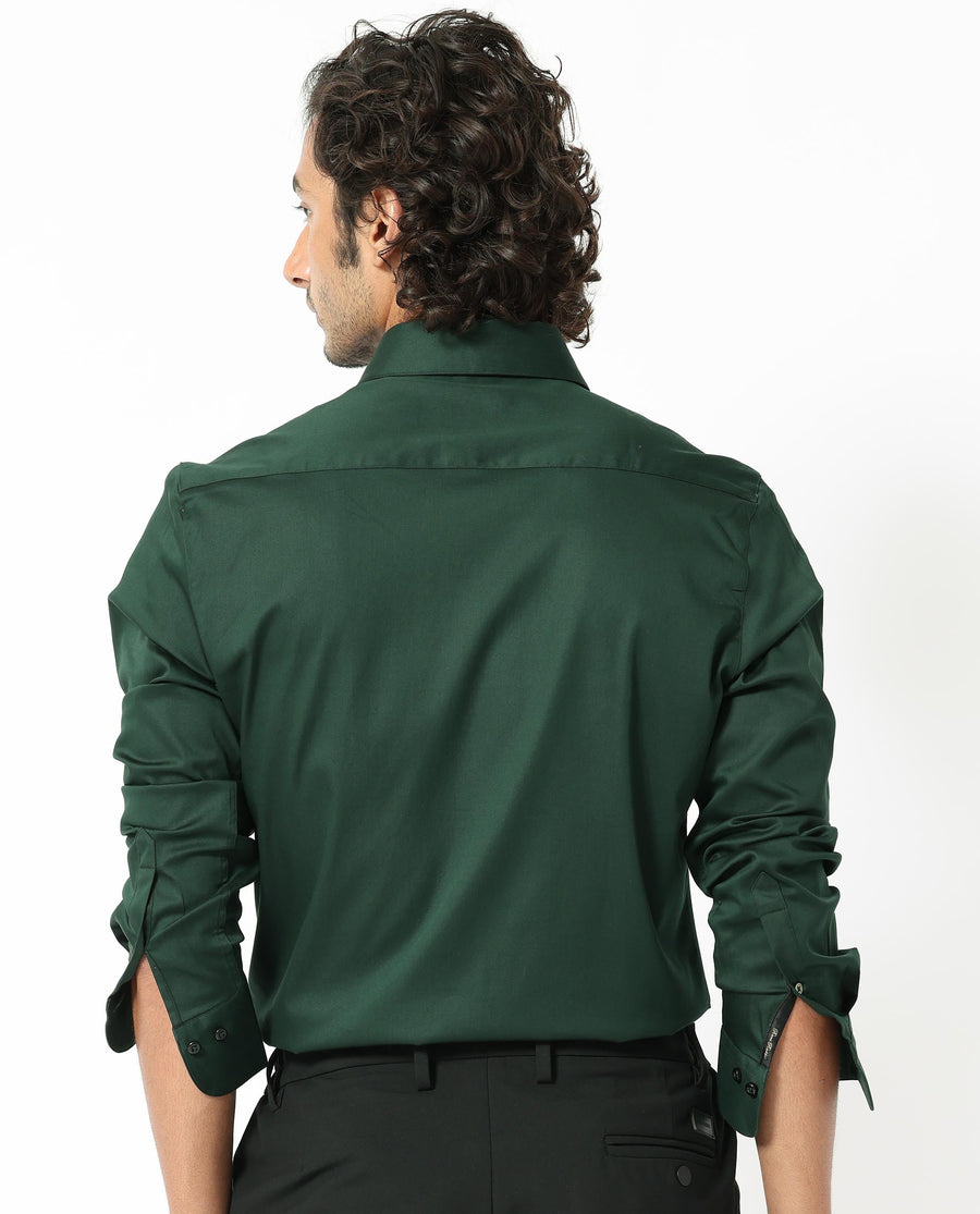 Rare Rabbit Men's Holand Dark Olive Satin Plain Regular Fit Full Sleeve Collared Shirt