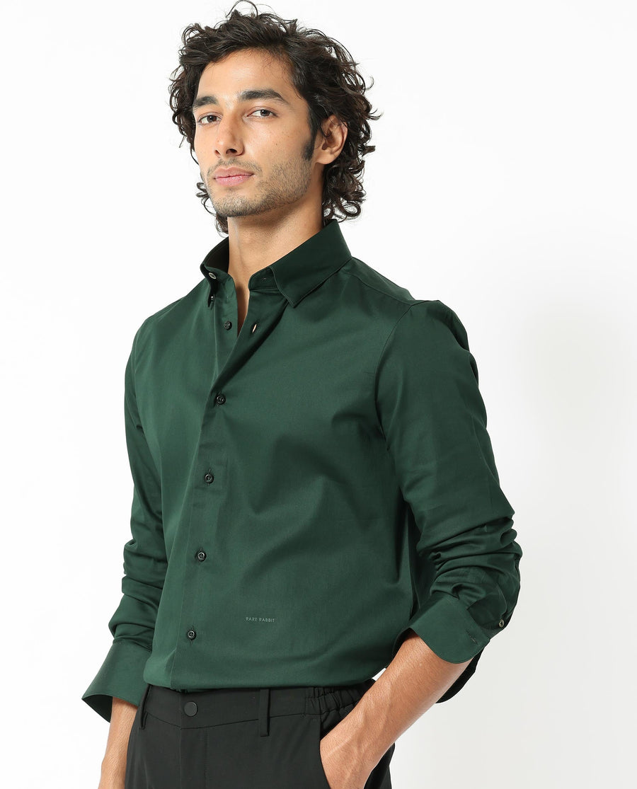 Rare Rabbit Men's Holand Dark Olive Satin Plain Regular Fit Full Sleeve Collared Shirt