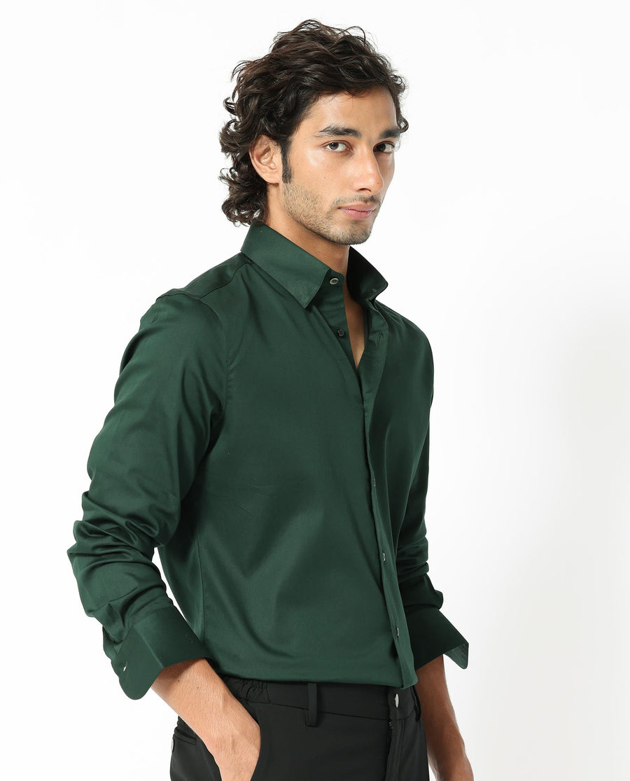 Rare Rabbit Men's Holand Dark Olive Satin Plain Regular Fit Full Sleeve Collared Shirt
