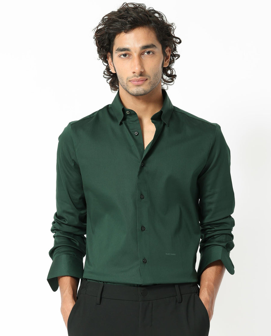 Rare Rabbit Men's Holand Dark Olive Satin Plain Regular Fit Full Sleeve Collared Shirt