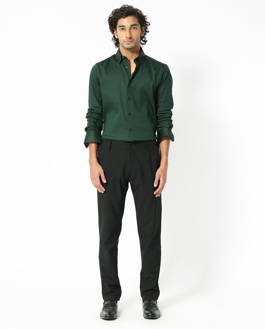Rare Rabbit Men's Holand Dark Olive Satin Plain Regular Fit Full Sleeve Collared Shirt