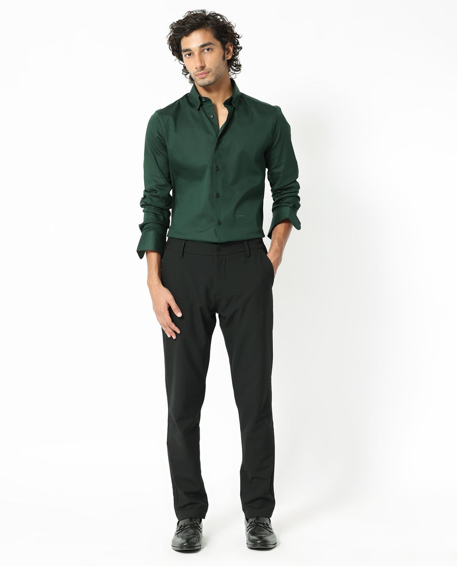 Rare Rabbit Men's Holand Dark Olive Satin Plain Regular Fit Full Sleeve Collared Shirt