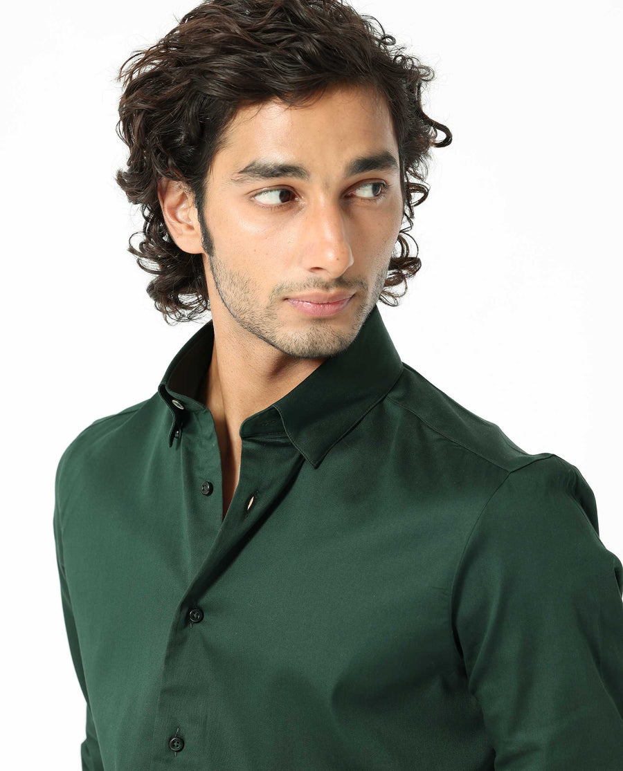 Rare Rabbit Men's Holand Dark Olive Satin Plain Regular Fit Full Sleeve Collared Shirt