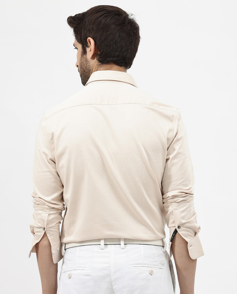 Rare Rabbit Men's Holand Light Beige Satin Plain Regular Fit Full Sleeve Collared Shirt