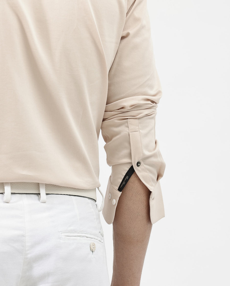 Rare Rabbit Men's Holand Light Beige Satin Plain Regular Fit Full Sleeve Collared Shirt