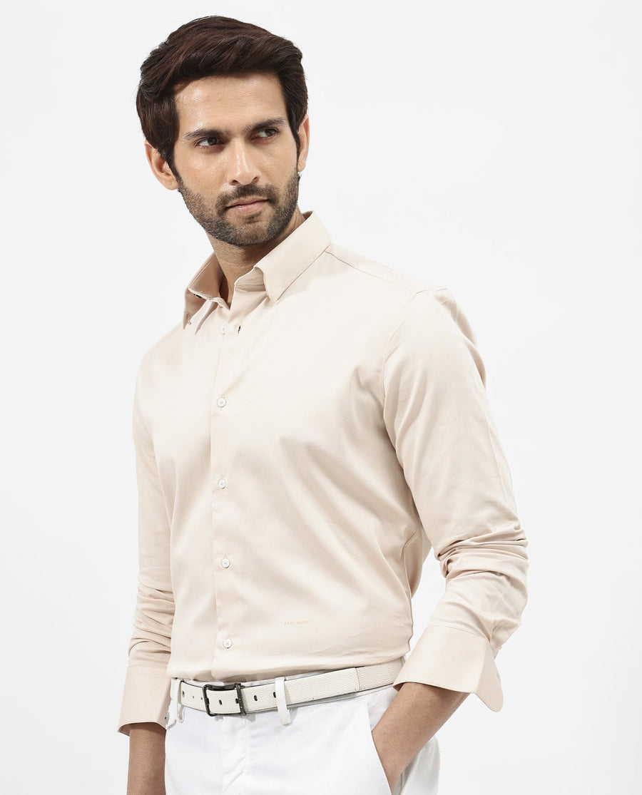 Rare Rabbit Men's Holand Light Beige Satin Plain Regular Fit Full Sleeve Collared Shirt