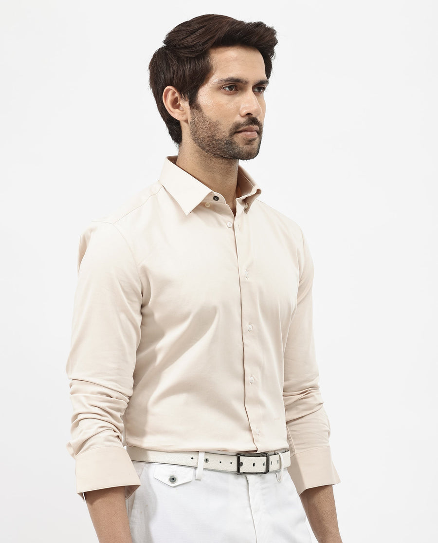 Rare Rabbit Men's Holand Light Beige Satin Plain Regular Fit Full Sleeve Collared Shirt