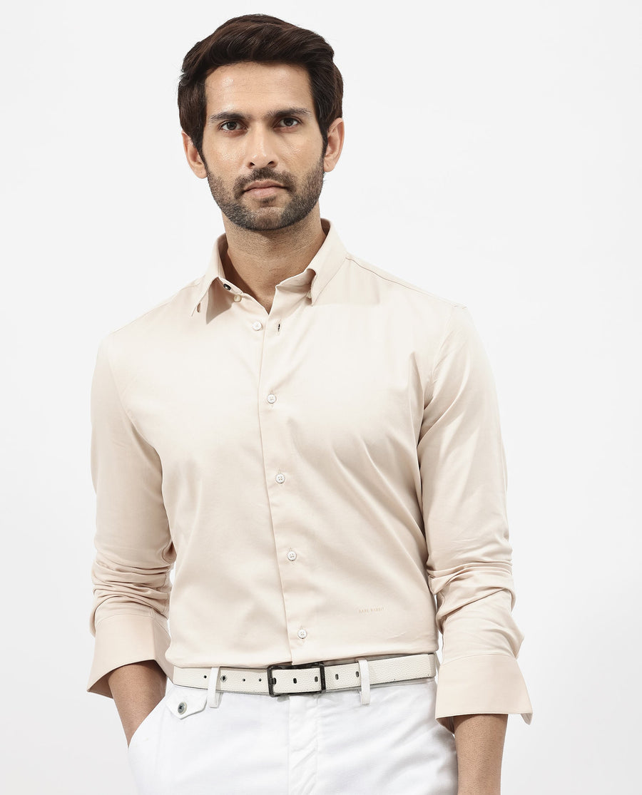 Rare Rabbit Men's Holand Light Beige Satin Plain Regular Fit Full Sleeve Collared Shirt