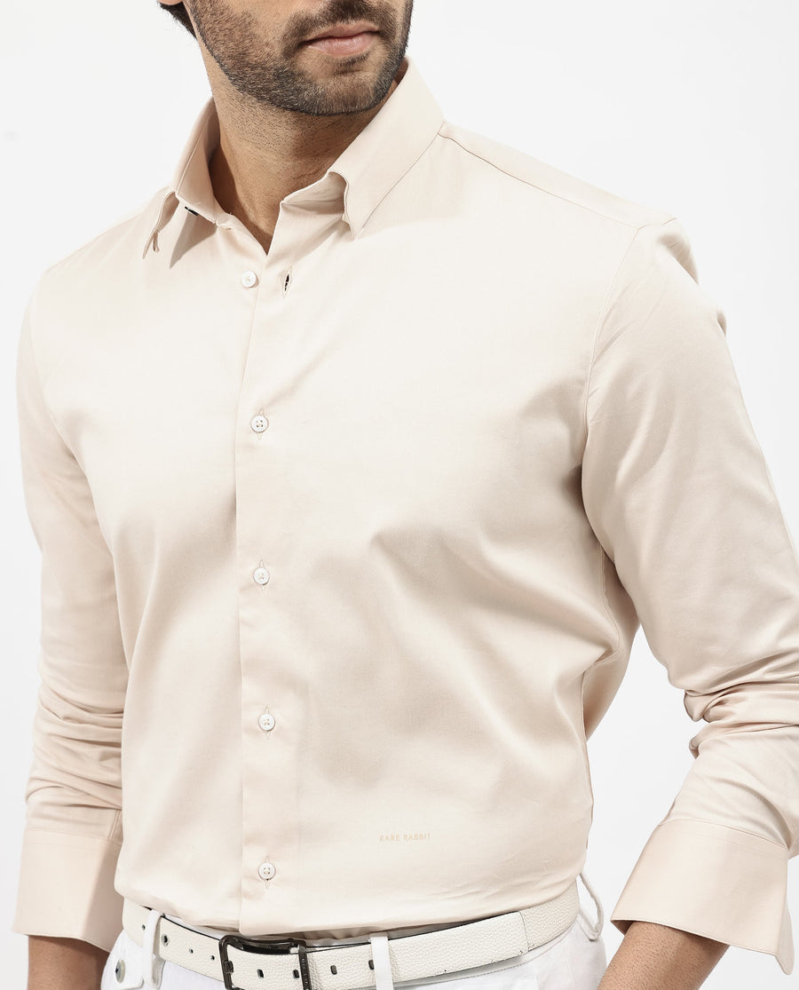 Rare Rabbit Men's Holand Light Beige Satin Plain Regular Fit Full Sleeve Collared Shirt