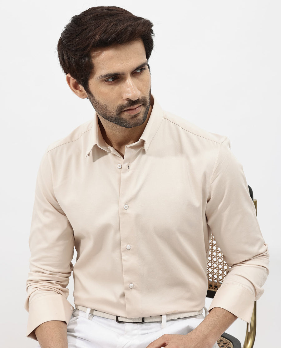 Rare Rabbit Men's Holand Light Beige Satin Plain Regular Fit Full Sleeve Collared Shirt
