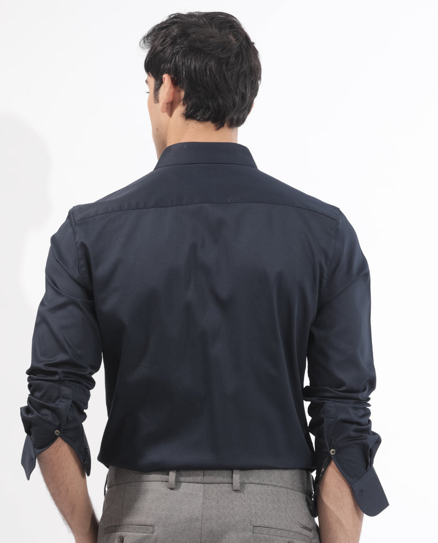 Rare Rabbit Men's Holand Navy Satin Plain Regular Fit Full Sleeve Collared Shirt