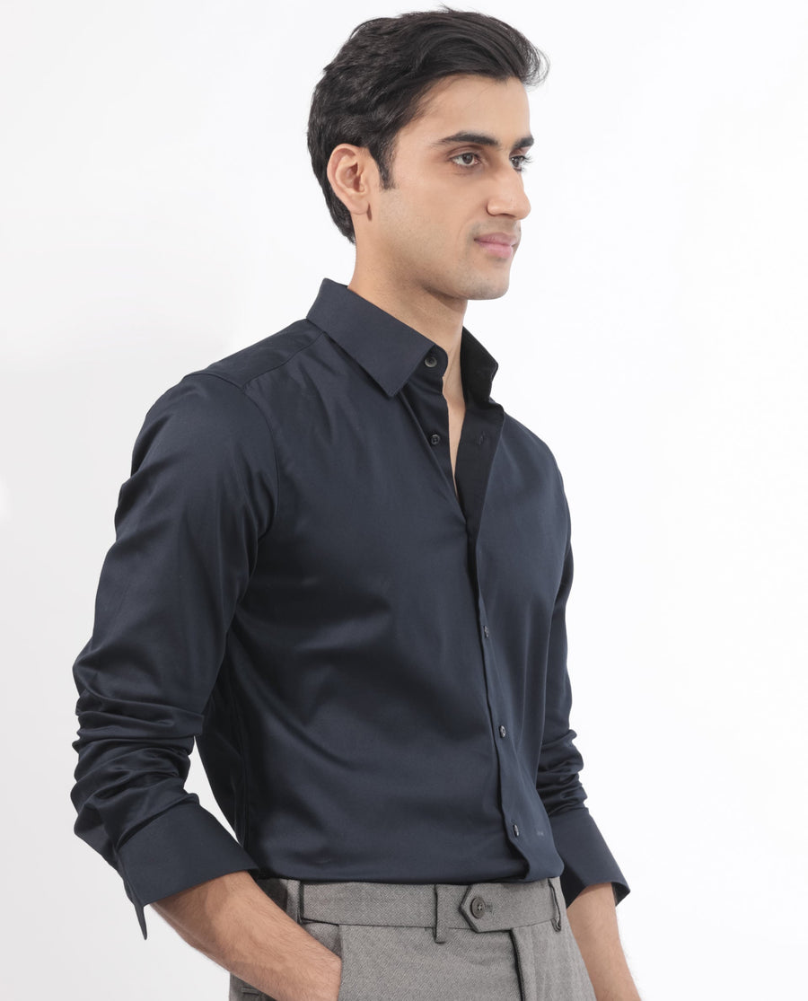 Rare Rabbit Men's Holand Navy Satin Plain Regular Fit Full Sleeve Collared Shirt