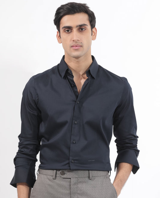 Rare Rabbit Men's Holand Navy Satin Plain Regular Fit Full Sleeve Collared Shirt