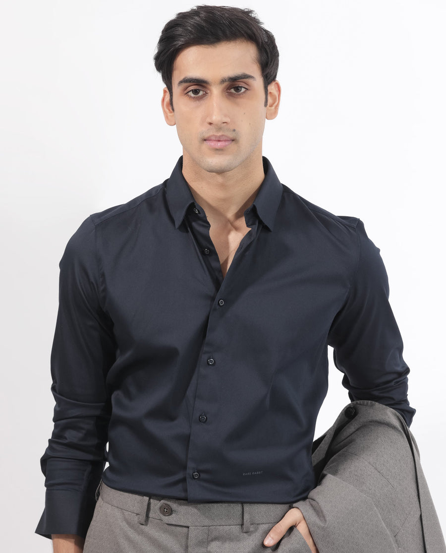 Rare Rabbit Men's Holand Navy Satin Plain Regular Fit Full Sleeve Collared Shirt