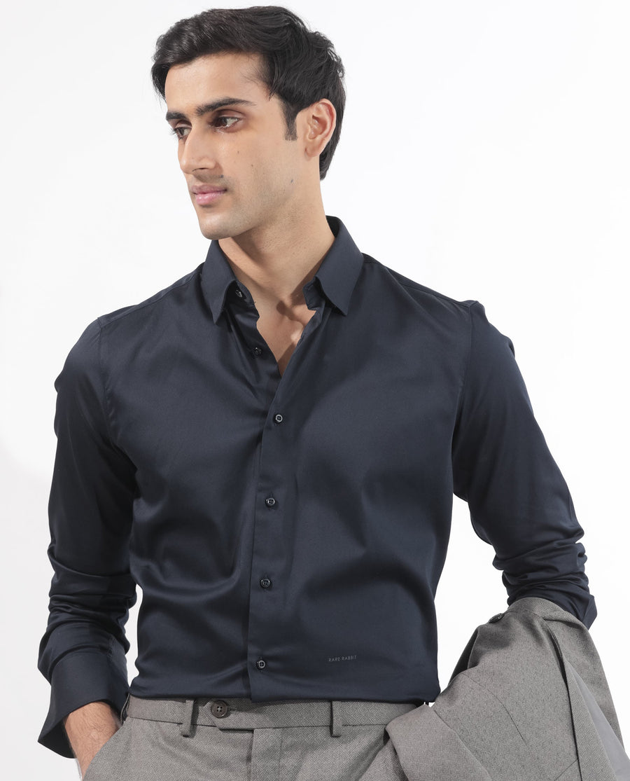 Rare Rabbit Men's Holand Navy Satin Plain Regular Fit Full Sleeve Collared Shirt