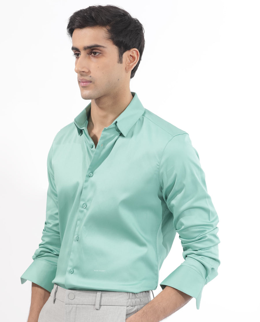 Rare Rabbit Men's Holand Pastel Green Satin Plain Regular Fit Full Sleeve Button-Down Collar Shirt