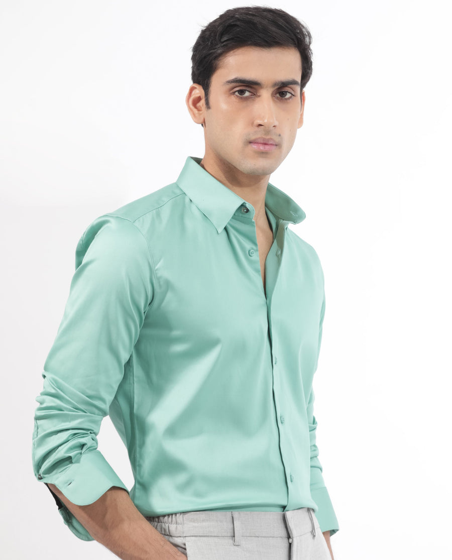Rare Rabbit Men's Holand Pastel Green Satin Plain Regular Fit Full Sleeve Button-Down Collar Shirt