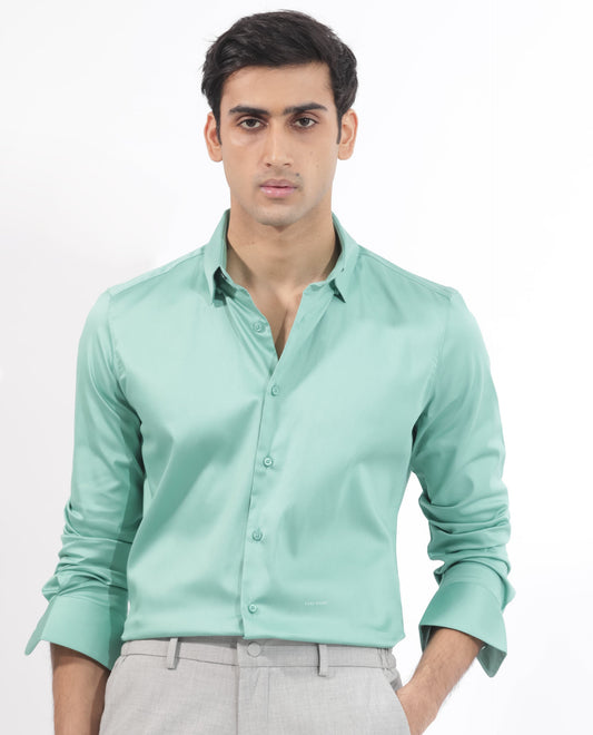 Rare Rabbit Men's Holand Pastel Green Satin Plain Regular Fit Full Sleeve Button-Down Collar Shirt