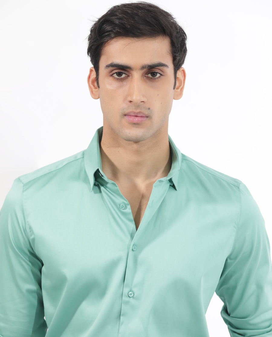 Rare Rabbit Men's Holand Pastel Green Satin Plain Regular Fit Full Sleeve Button-Down Collar Shirt
