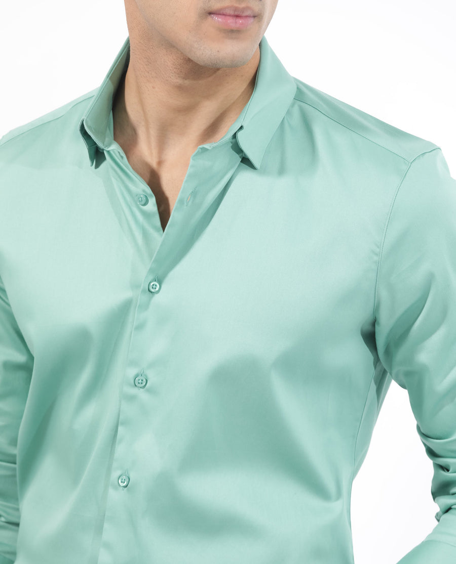 Rare Rabbit Men's Holand Pastel Green Satin Plain Regular Fit Full Sleeve Button-Down Collar Shirt