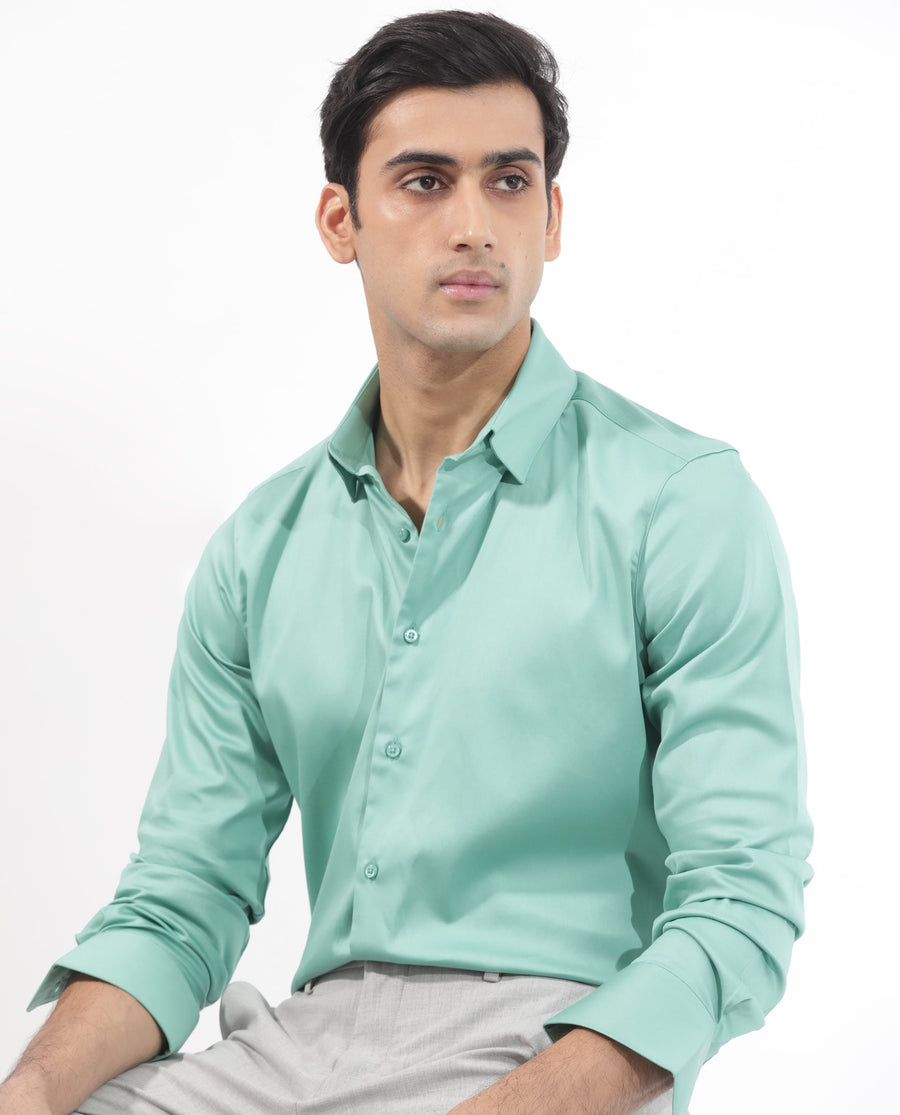 Rare Rabbit Men's Holand Pastel Green Satin Plain Regular Fit Full Sleeve Button-Down Collar Shirt