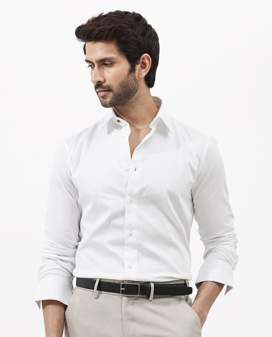 Rare Rabbit Men's Holand White Satin Plain Regular Fit Full Sleeve Button-Down Collar Shirt