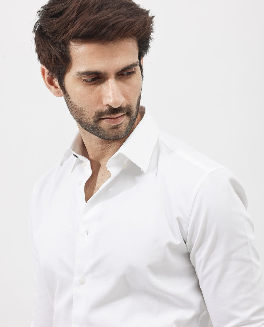 Rare Rabbit Men's Holand White Satin Plain Regular Fit Full Sleeve Button-Down Collar Shirt