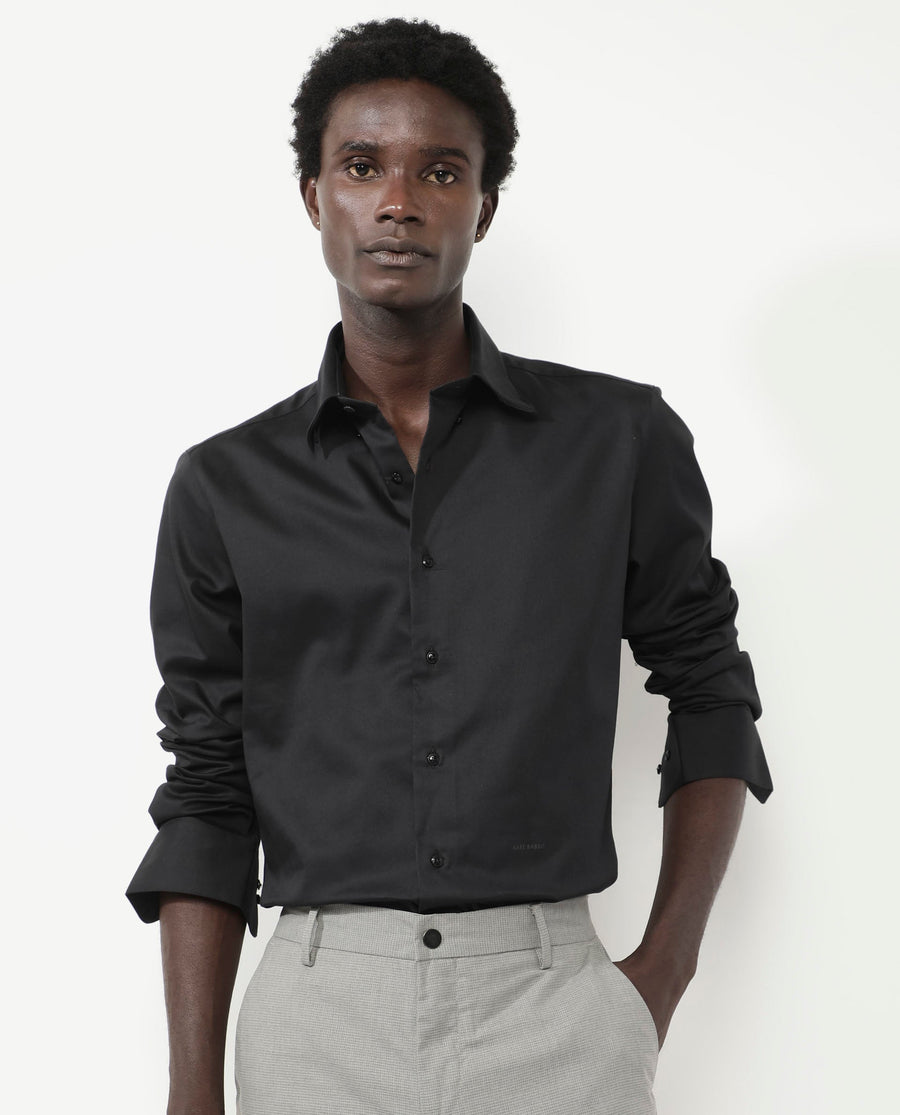 Rare Rabbit Men's Holand Black Satin Plain Regular Fit Full Sleeve Collared Shirt