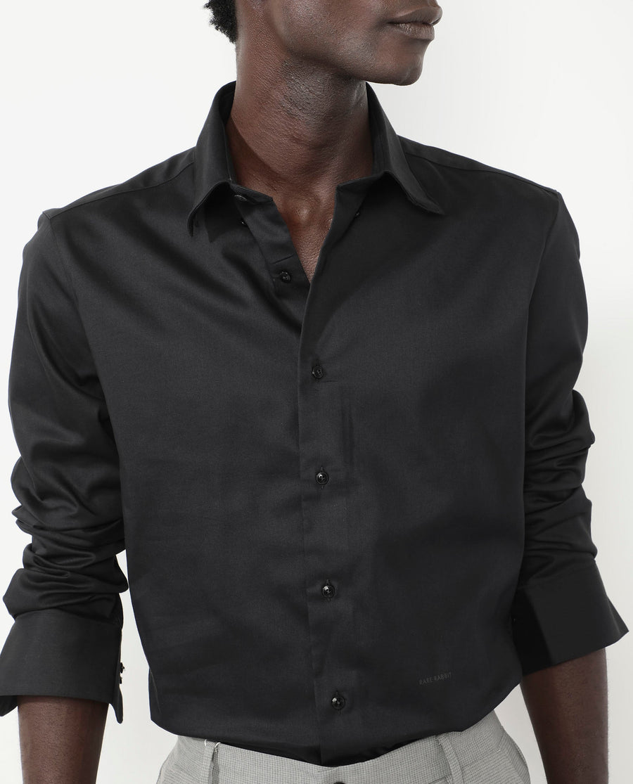 Rare Rabbit Men's Holand Black Satin Plain Regular Fit Full Sleeve Collared Shirt