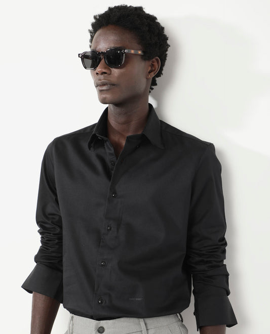 Rare Rabbit Men's Holand Black Satin Plain Regular Fit Full Sleeve Collared Shirt