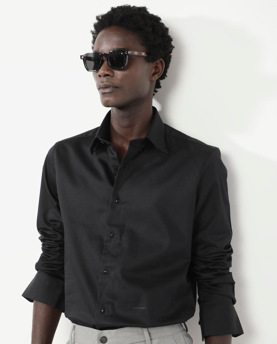 Rare Rabbit Men's Holand Black Satin Plain Regular Fit Full Sleeve Collared Shirt