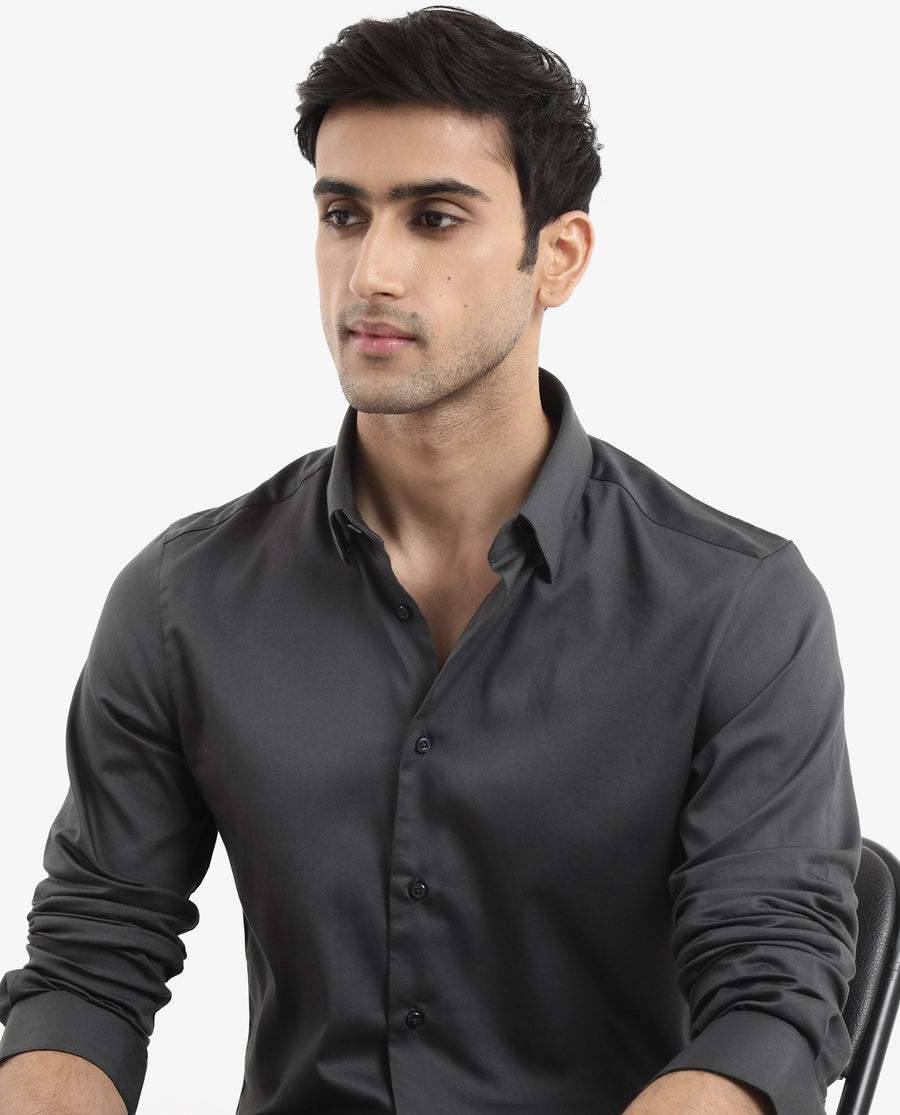 Rare Rabbit Men's Holand Grey Satin Plain Regular Fit Full Sleeve Button-Down Collar Shirt