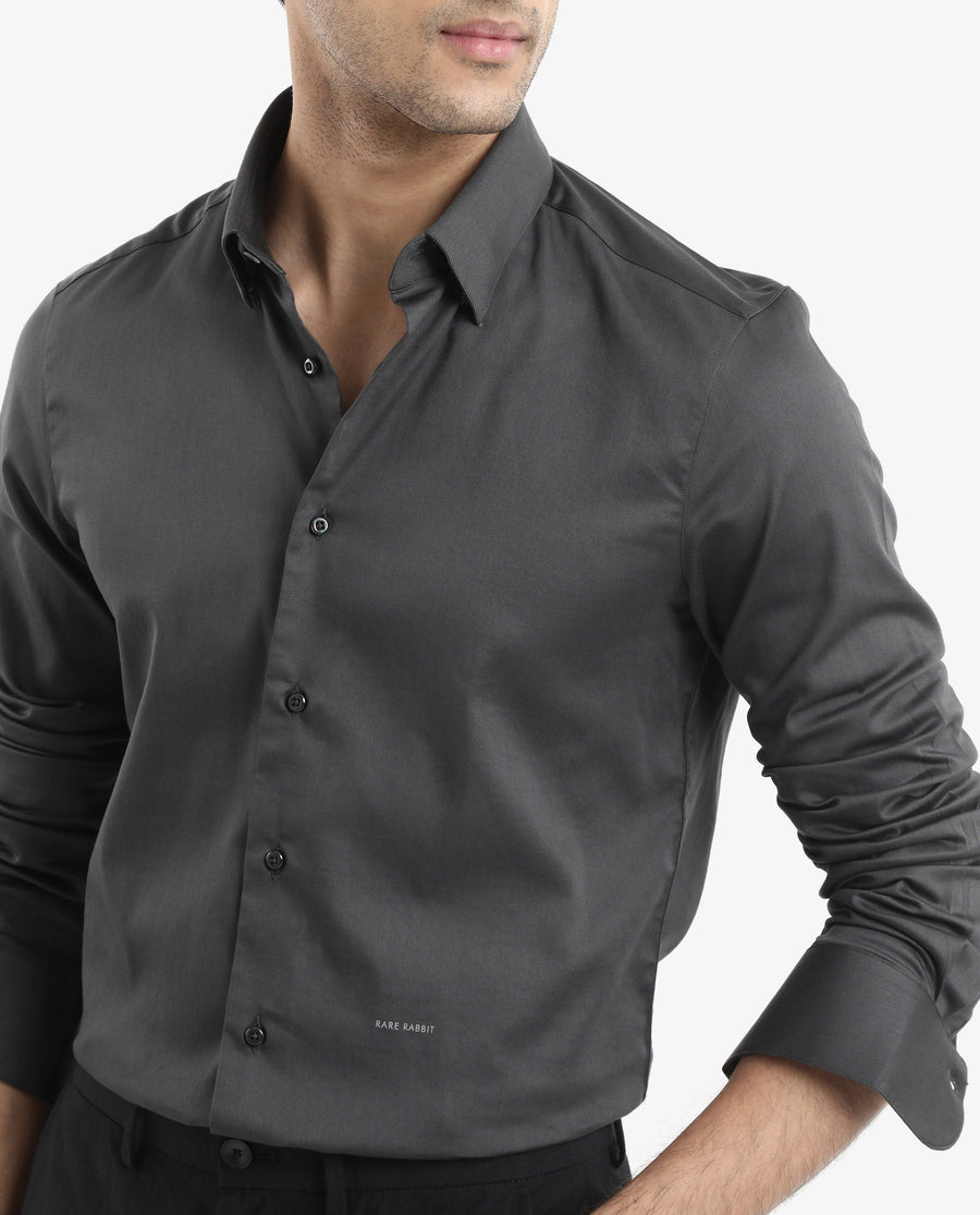 Rare Rabbit Men's Holand Grey Satin Plain Regular Fit Full Sleeve Button-Down Collar Shirt