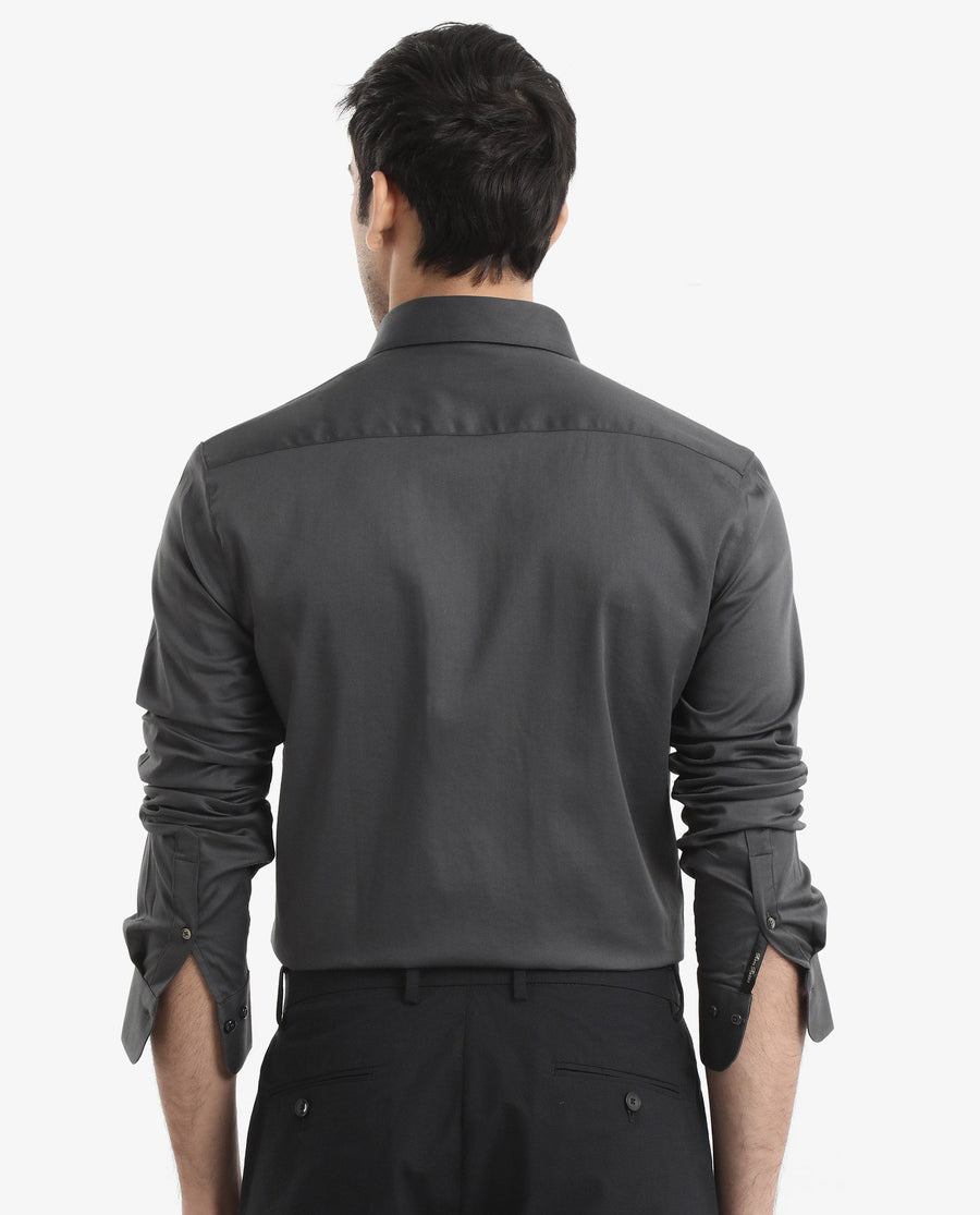 Rare Rabbit Men's Holand Grey Satin Plain Regular Fit Full Sleeve Button-Down Collar Shirt
