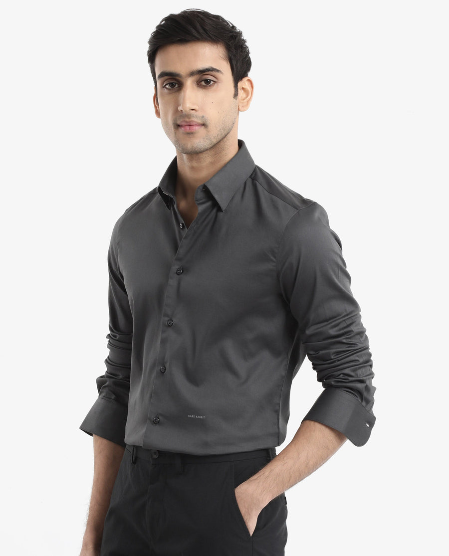 Rare Rabbit Men's Holand Grey Satin Plain Regular Fit Full Sleeve Button-Down Collar Shirt